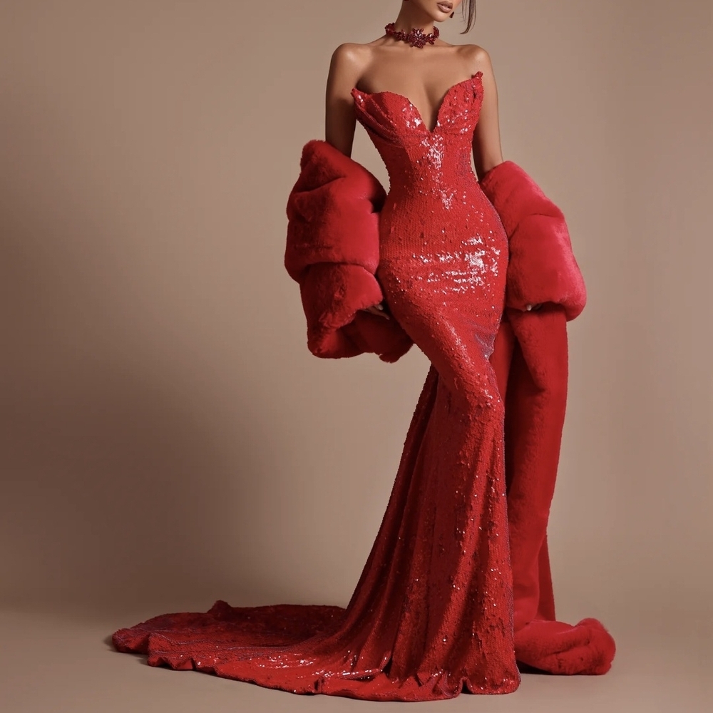 💋DADONA AVDIU Strapless Red Sequin Mermaid Gown💋